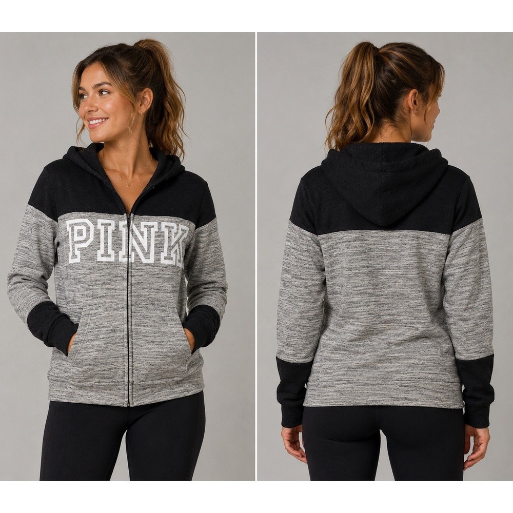 PINK Victoria's Secret Women's Full Zip Hoodie Black Gray Colorblock Logo‎ XS